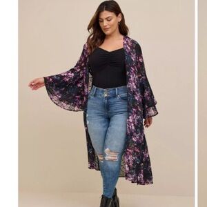 Torrid black floral clip dot long bell sleeve kimono womens 1X NWT